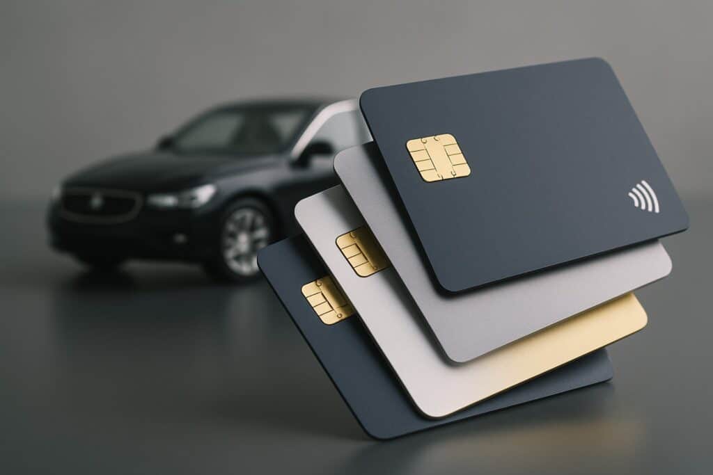 credit cards in front of new car