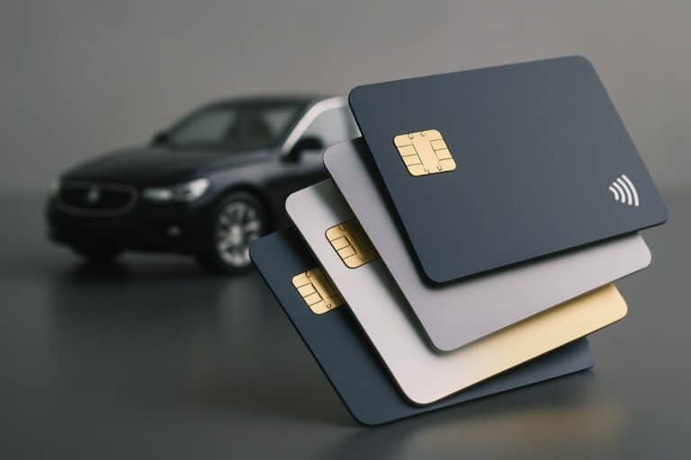 credit cards in front of new car