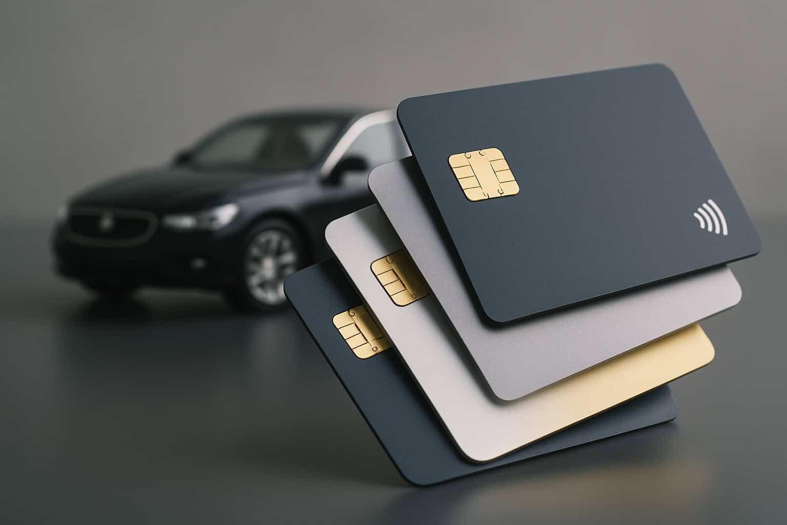 credit cards in front of new car